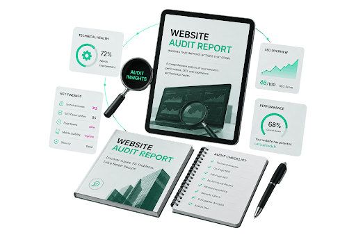 Website audit report preview with SEO, performance and technical insights